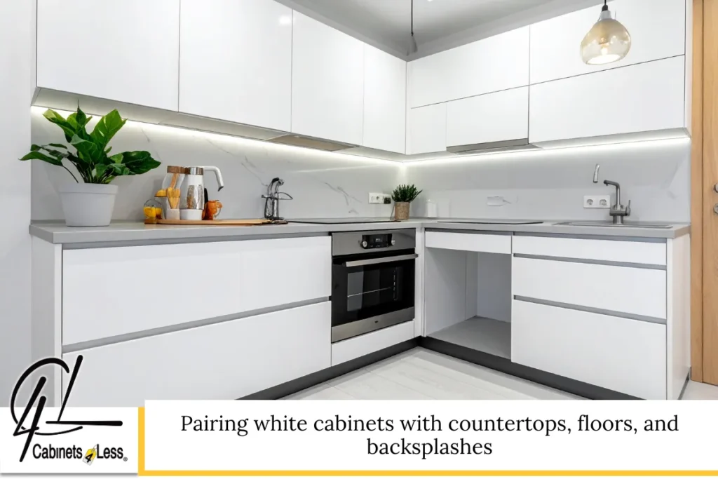 Pairing white cabinets with countertops, floors, and backsplashes